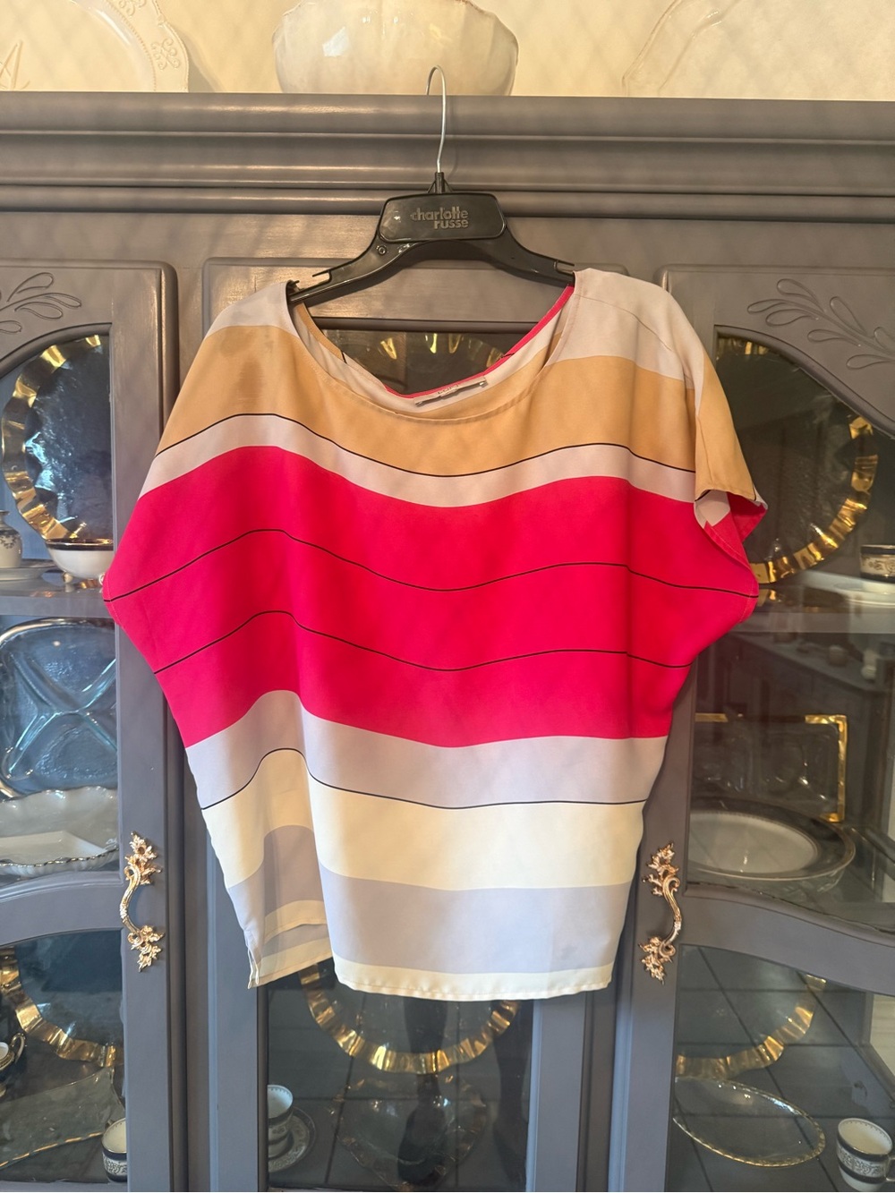 LOFT Boxy Short-Sleeve Stripe Blouse in Hot Pink, Tan & White